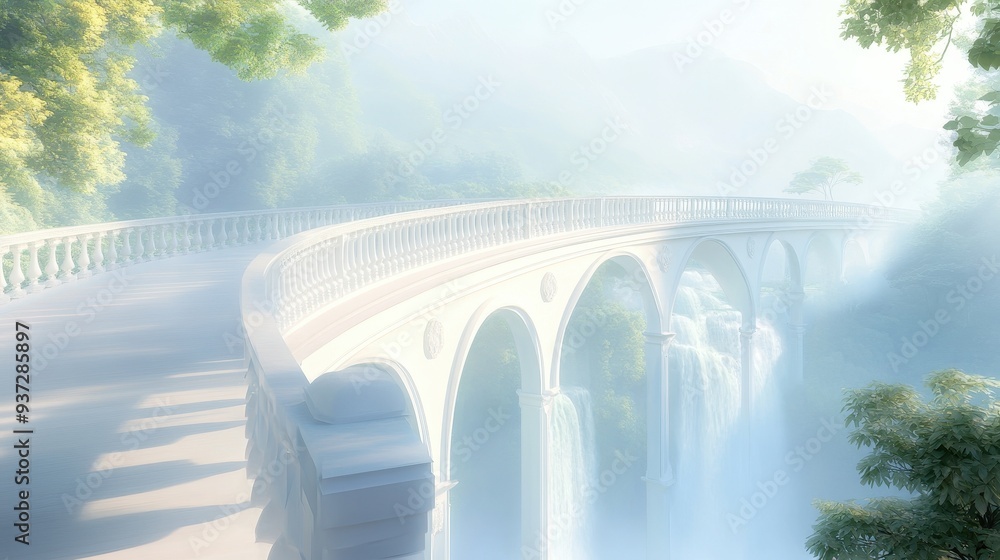 Poster a bridge with a waterfall in the background