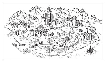 Obraz premium medieval fantasy map with pirates, castles and treasures