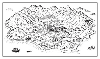 fantasy map illustration with village and mountain landscape