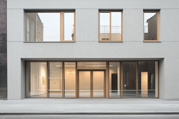 Minimalistic Office Building Facade with Large Glass Windows and Simple Design