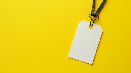 A blank white identity card badge with a black lanyard on a vibrant yellow background, ideal for custom designs.