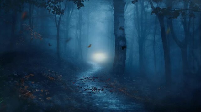 Mysterious scary dark forest with dark branches tree, Gothic horror spooky forest motion animation video background