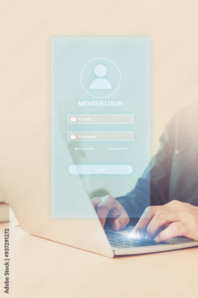 Poster businessman and screen login username and password identity or sign up register of cyber security in