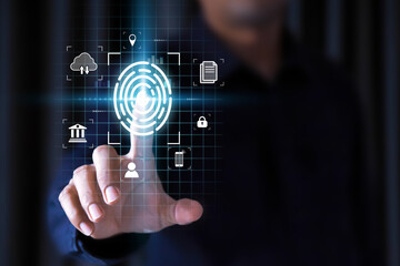 Hand and fingerprint scanning for identity account to access personal data or verification user id to login private computer network and cyber security concepts.