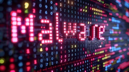 Obraz premium Red malware warning sign amidst a background of digital code, highlighting cybersecurity threats and data breaches.