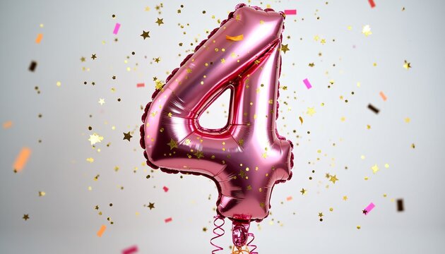 Number 4th Birthday Balloon Celebration Cake, Adorned with Sparkling Confetti, Stars, Glitters, and Streamer Ribbons for a Festive Atmosphere