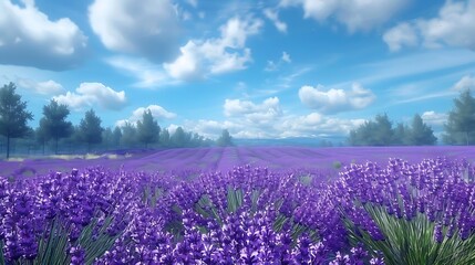 Fototapeta premium A serene landscape of lavender fields under a blue sky with fluffy clouds.