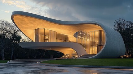 Futuristic architectural design with curvy shapes and glass facade