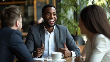 The Art of the Deal: Charismatic professional captivates colleagues with his infectious enthusiasm during a productive business meeting at a modern cafe. 