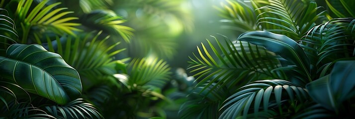 A lush green scene filled with vibrant tropical leaves, creating a serene and natural atmosphere.