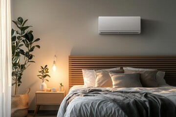 A cozy bedroom with an air conditioning unit blowing cool air, the room bathed in soft lighting, highlighting the comfort and relaxation of a perfectly cooled space