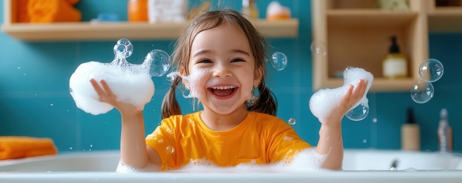 A playful child blowing foam bubbles into the air, the bathroom filled with soft white suds, capturing the carefree spirit of bath time fun