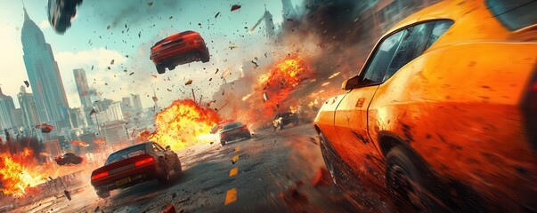 An epic chase scene through a futuristic city, with highspeed vehicles and explosions in the background, highlighting the adrenalinefueled action of an intense game