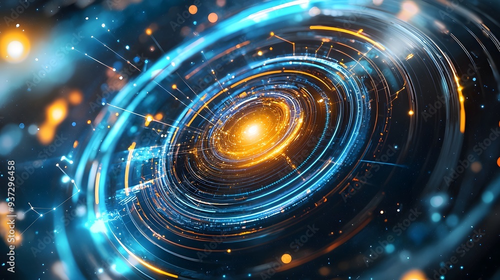 Poster abstract technology background with circular lines and glowing lights.