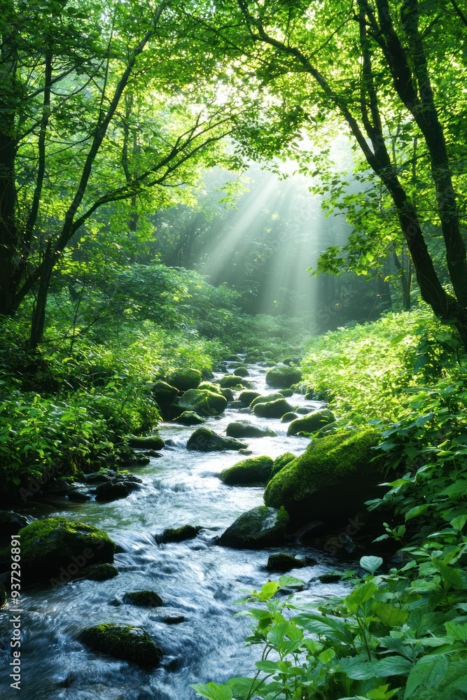 Poster tranquil forest scene with sunlight filtering through trees and flowing stream