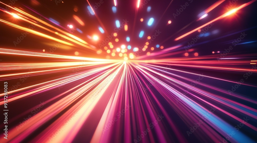Poster light speed: a captivating abstract design featuring vibrant streaks of light converging towards a c