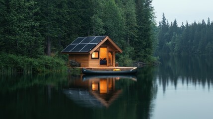 Fototapeta premium Serene Lakeside Retreat with Eco-Friendly Cabin, Solar Panels, and Canoe Docked - Nature Getaway Concept