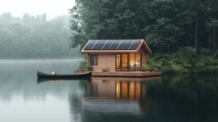 Fototapeta premium Serene Lakeside Retreat with Eco-Friendly Cabin, Solar Panels, and Canoe Docked on Shore