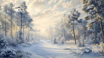 Snowy Forest Path with Sunbeams Illustration