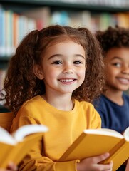 Smiling Young Girl Reading a Book with Friends in a Colorful Library