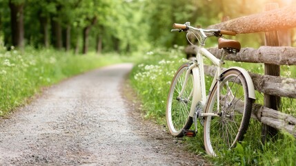 Fototapeta premium Rural Path to Sustainability: Eco-Friendly Bicycle Leaning on Wooden Fence
