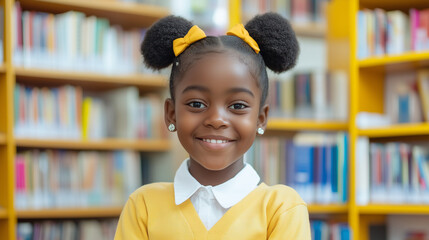 Smiling Schoolgirl Highlighting Educational Support and Imagination in a Library Setting for International Literacy Day