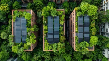 Eco-Friendly Urban Oasis: Aerial View of City with Lush Green Rooftops and Solar Panels