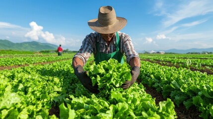 Ethical Farming Practices at an Organic Farm - Sustainable Agricultural Methods with Workers Tending Crops in Wide Shot