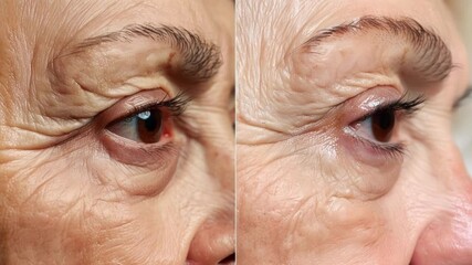 See a senior woman's face transform with anti aging treatment for eye bags and wrinkles, revealing visibly rejuvenated skin