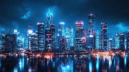 Obraz premium Neon Cityscape: A mesmerizing, futuristic cityscape bathed in neon glow, showcasing the vibrant energy and dynamism of modern urban life. 