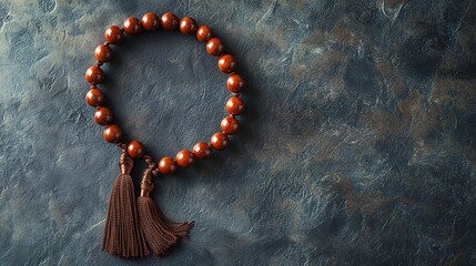 Serene Spirituality: Wooden prayer beads on a textured background, inviting contemplation and mindfulness. 