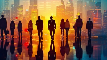 Imaginative city skyline with silhouettes of businesspeople against a soft background. Collaboration, collaboration, and the idea of success. picture with tones. twofold exposure - Powered by Adobe