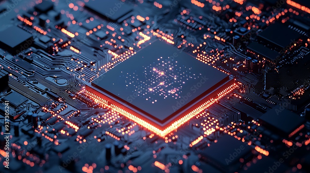 Poster circuit board with cpu chip and glowing lights, showcasing the intricate and powerful design that dr