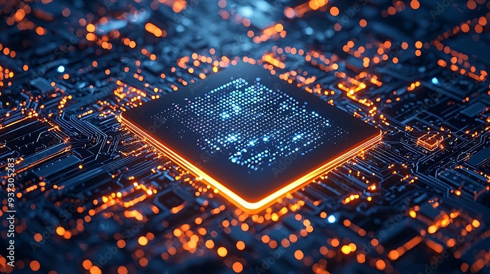 Poster glowing cpu chip on motherboard with orange and blue lights, blending the power of modern computing 