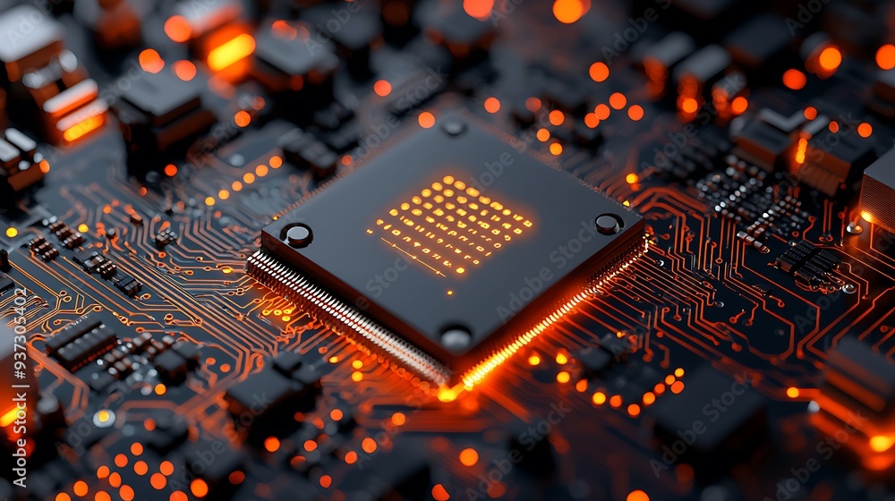 Poster glowing processor chip on circuit board, symbolizing the cutting-edge technology and innovation at t