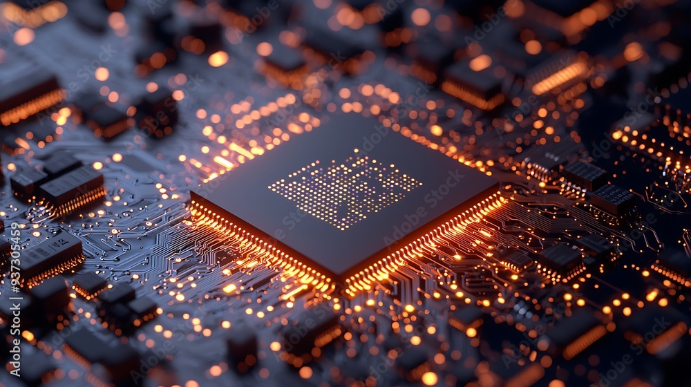 Poster illuminated microchip circuit board with glowing lights, capturing the complexity and beauty of mode