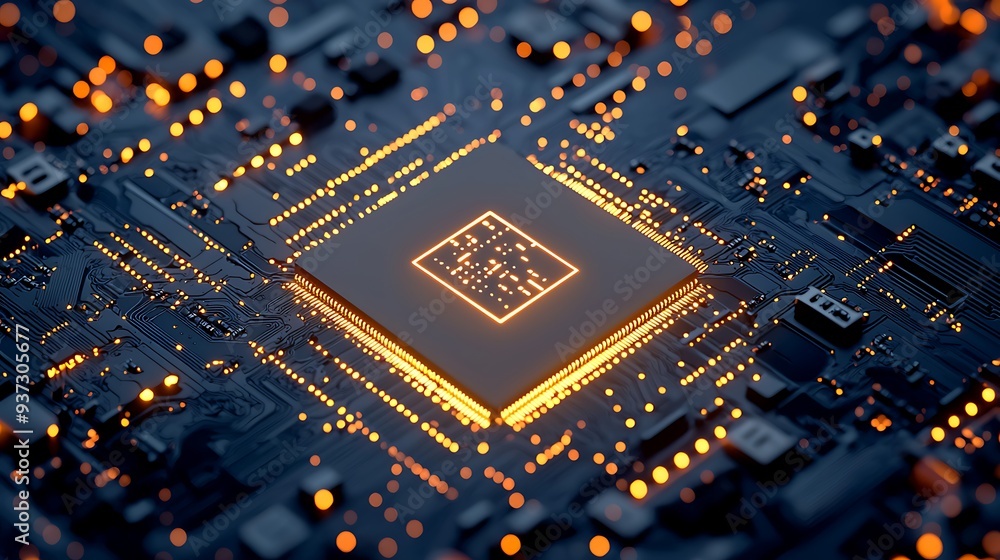 Poster illuminated microchip on circuit board, technology and innovation concept, highlighting the importan