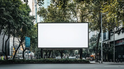 Fototapeta premium Urban Canvas: A blank billboard stands tall amidst the bustling city, framed by lush greenery, awaiting your message to transform the urban landscape. 