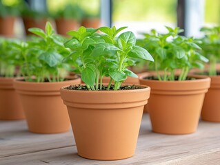 Fototapeta premium Fresh basil seedlings thrive in terracotta pots on a sunlit wooden table in a greenhouse