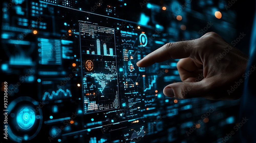 Poster digital interface, data analysis, technology, futuristic screen, hand interaction, data visualizatio
