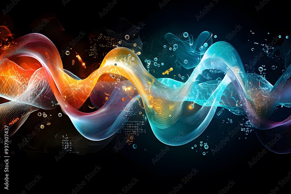 Poster abstract wave pattern with glowing lines and bubbles.