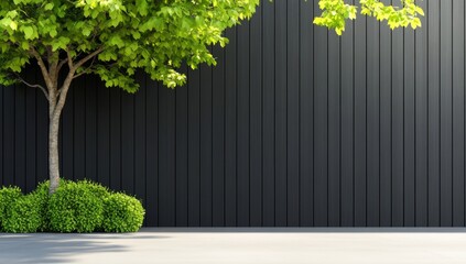 Fototapeta premium A black wooden fence in the garden, with green grass and bushes