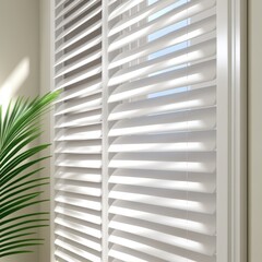 Obraz premium Play of light through modern white blinds with green plant accent in bright room setting