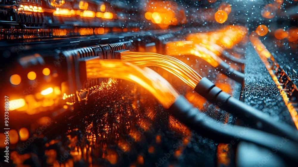 Poster glowing network cables and server rack with bokeh lights, illustrating the critical role of data inf