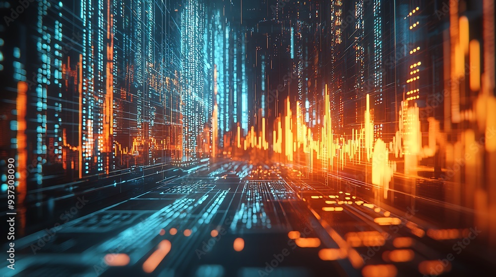 Poster abstract digital cityscape with glowing lines and data, representing the flow of information and the
