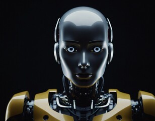 Humanoid robot on a dark background. Concept of the future of artificial intelligence and the fourth industrial revolution. Ai generated image 