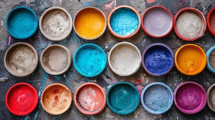 Top view pattern of diverse clay plates in assorted sizes and colors for a vibrant arrangement