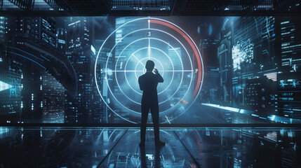 "Precision in the Digital Age: Businessman Targets Success with Virtual Darts"
"Strategic Aims: Businessman Focuses on Virtual Dartboard for Business Goals"