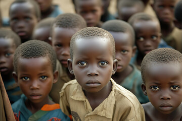  group of children are standing in a line, with one boy looking at the camera. Scene is one of innocence and curiosity, as the children are all staring at the camera