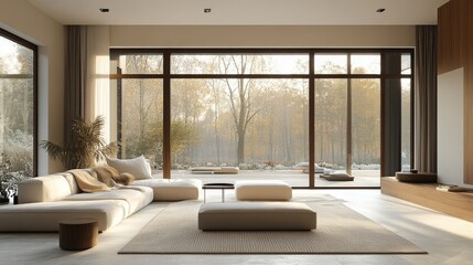 Fototapeta premium modern minimalist living room with natural light , neutral color palette minimalist living room , modern minimalist living room , open floor plan , neutral color palette